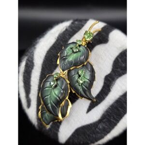 vintage Austrian green enamel leaf and green rhinestone brooch